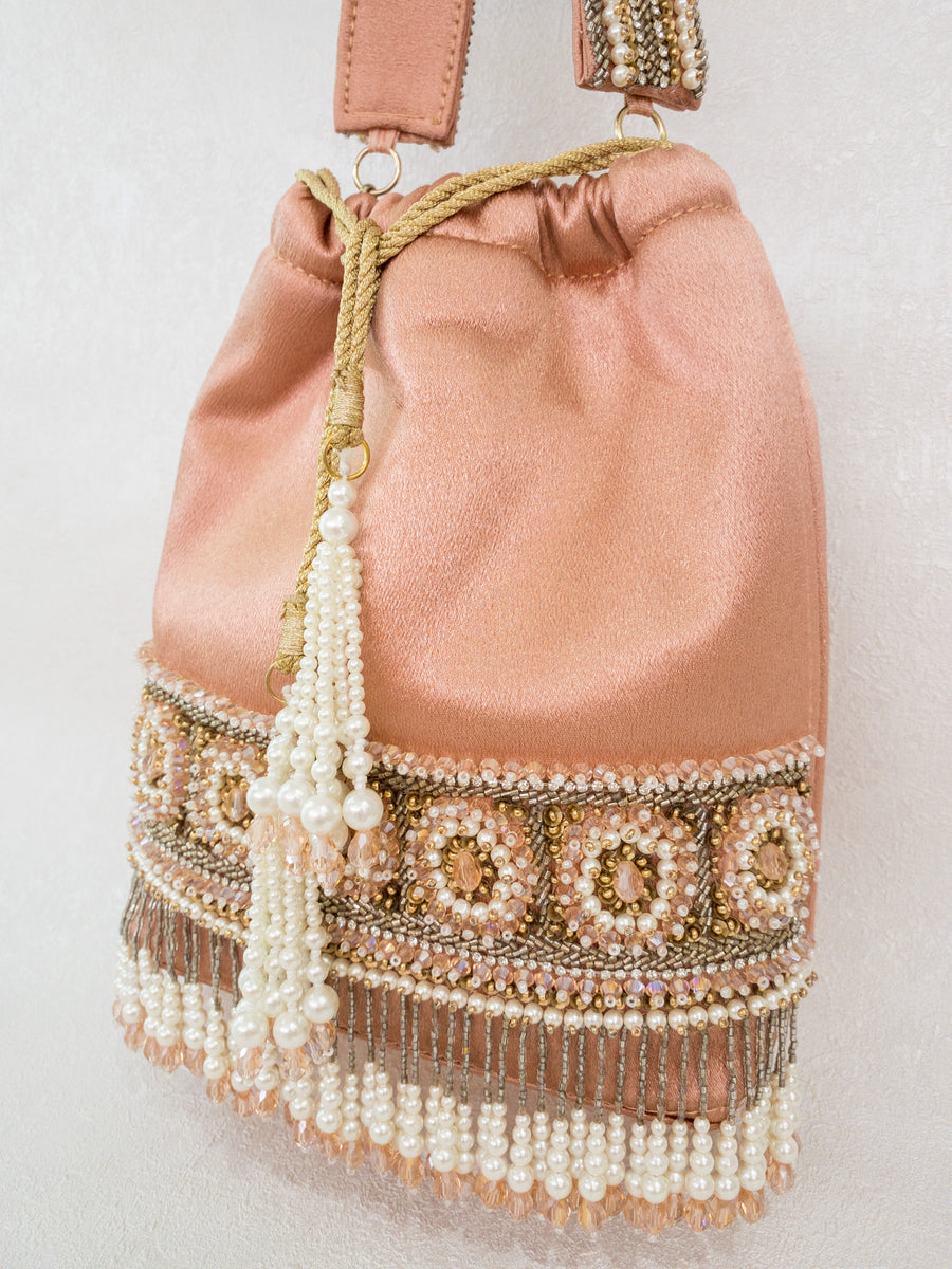 Black Satin Pearl and Antique Gold Beaded Design Potli Handbag