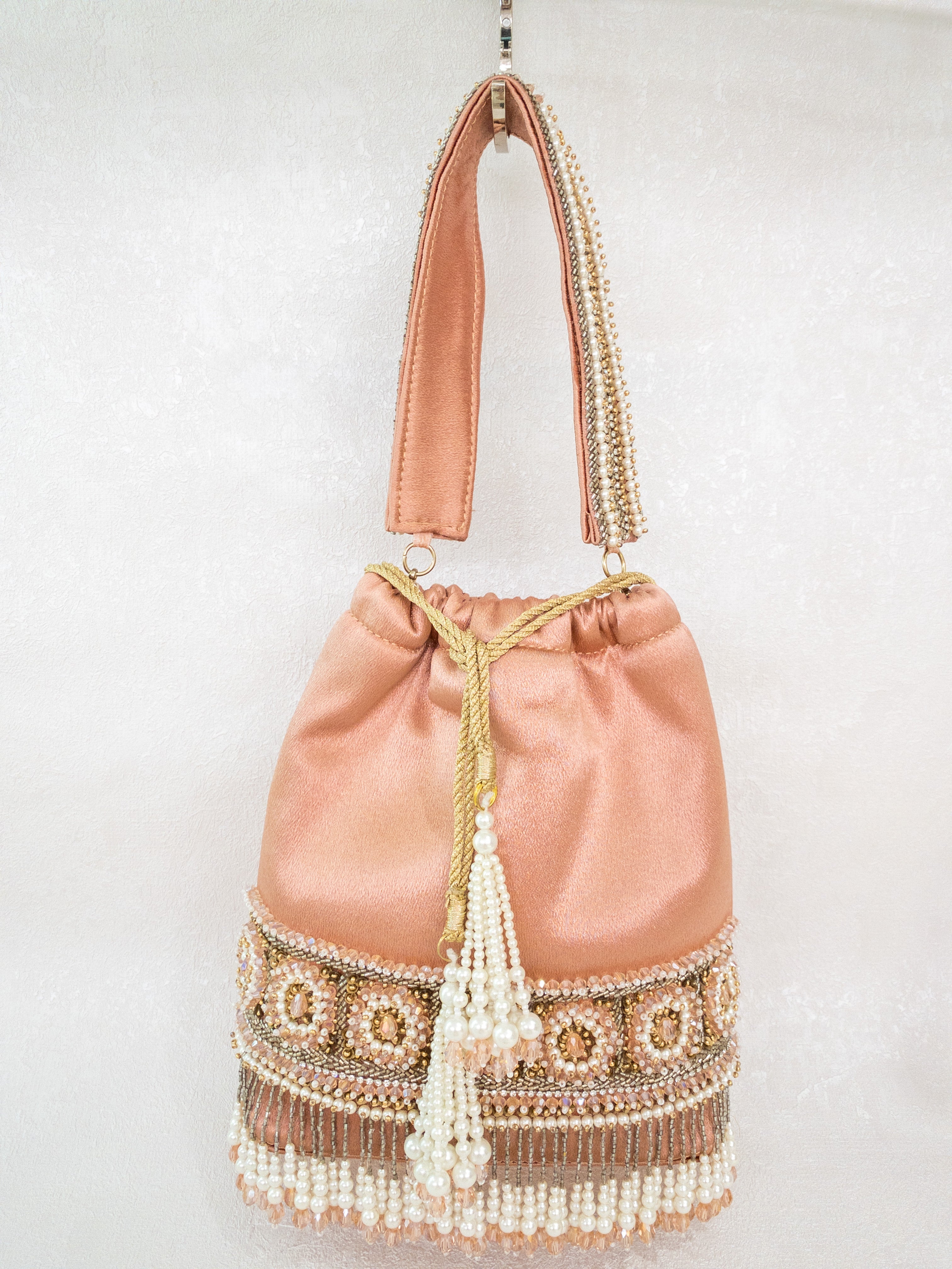 Peach Satin Pearl and Antique Gold Beaded Design Potli Handbag