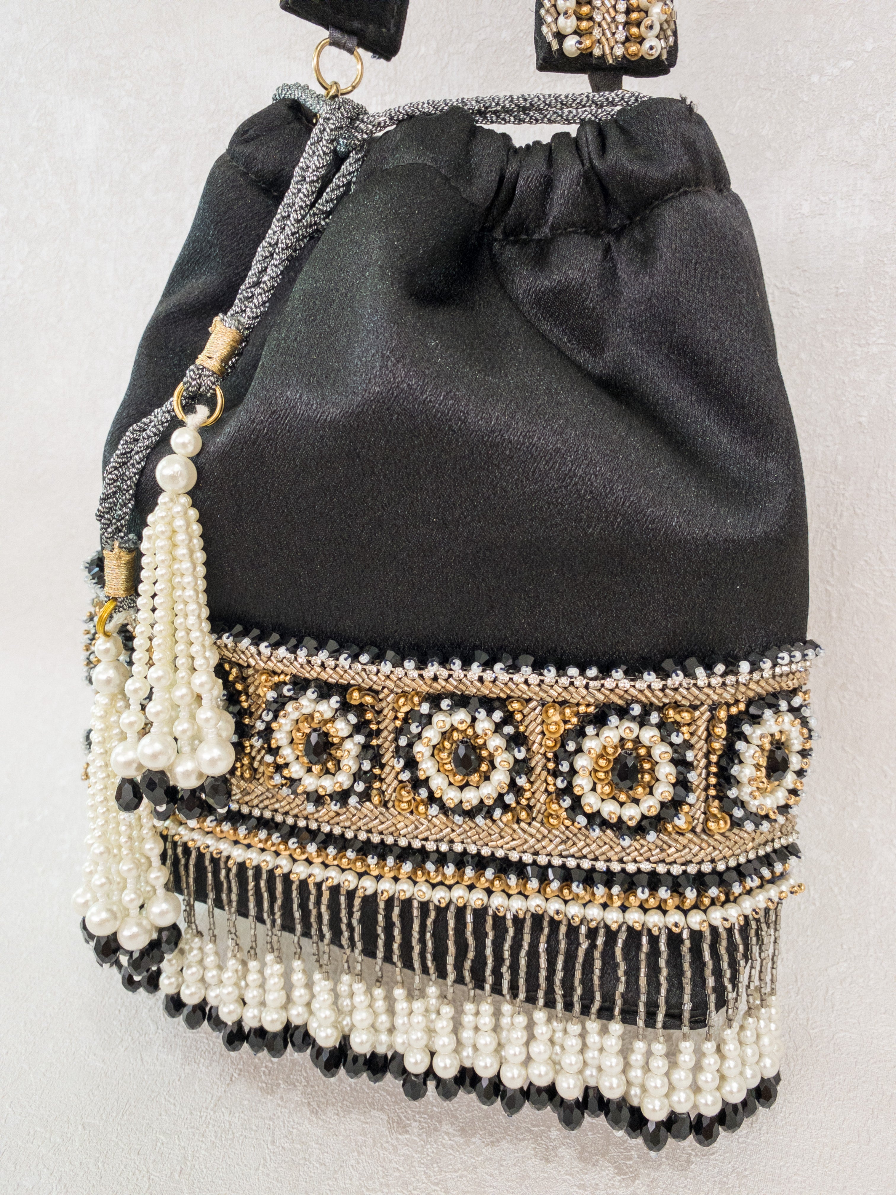 Dark Grey Satin Pearl and Antique Gold Beaded Design Potli Handbag